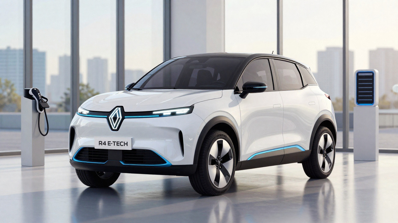 White Renault R4 E-TECH electric car parked indoors beside charging stations with city skyline in background.