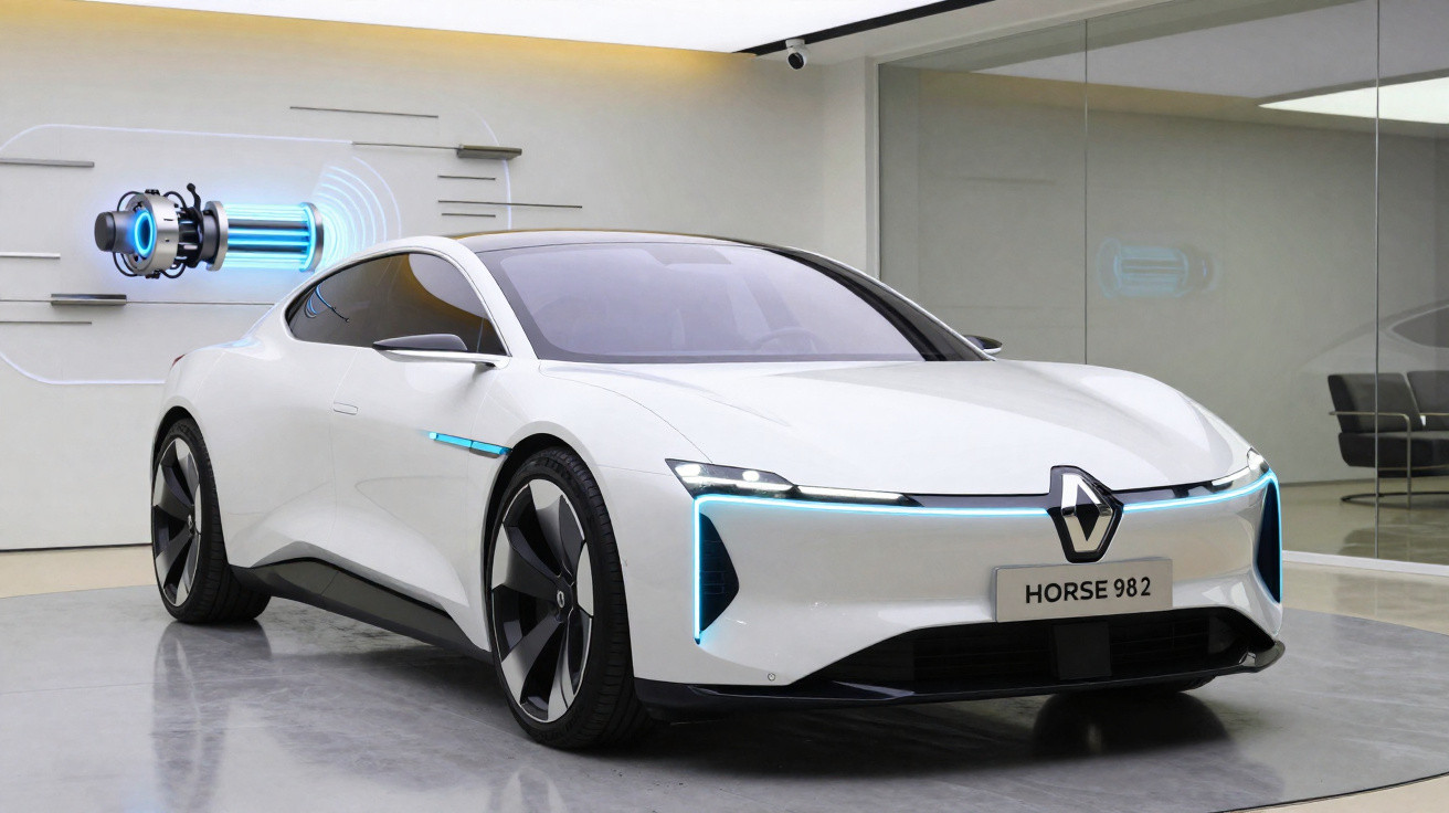 White futuristic electric sports car with blue LED accents displayed in modern showroom.
