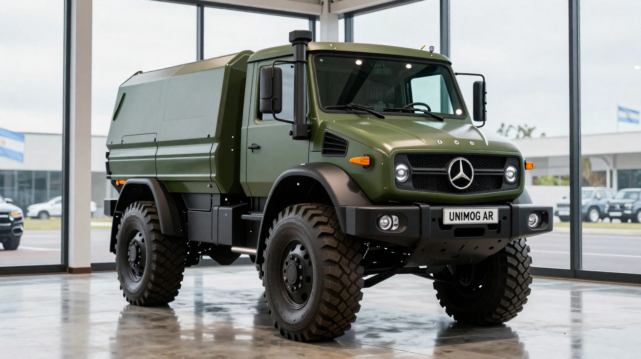 Green Mercedes-Benz Unimog AR off-road truck displayed indoors with large tyres and snorkel air intake.