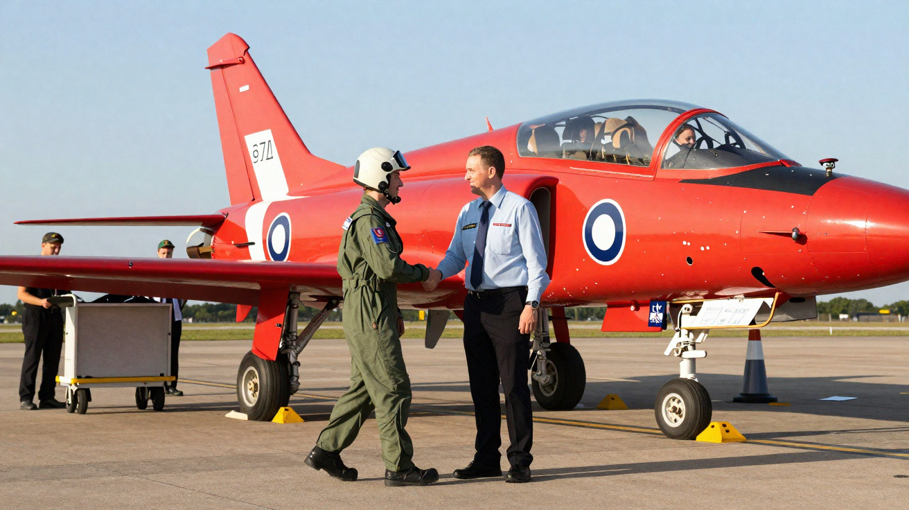 Two men shaking hands beside a red military jet on a sunny airfield.