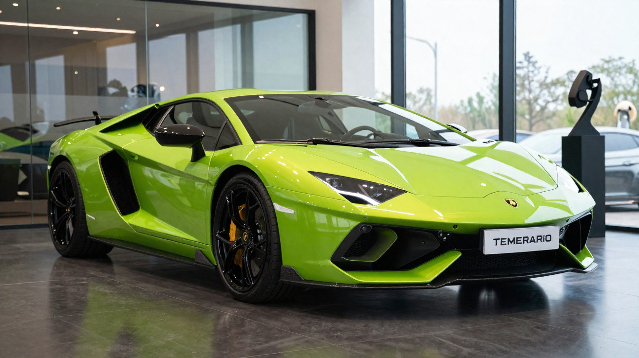 Bright green Lamborghini sports car parked indoors on a polished floor with large glass windows behind it.