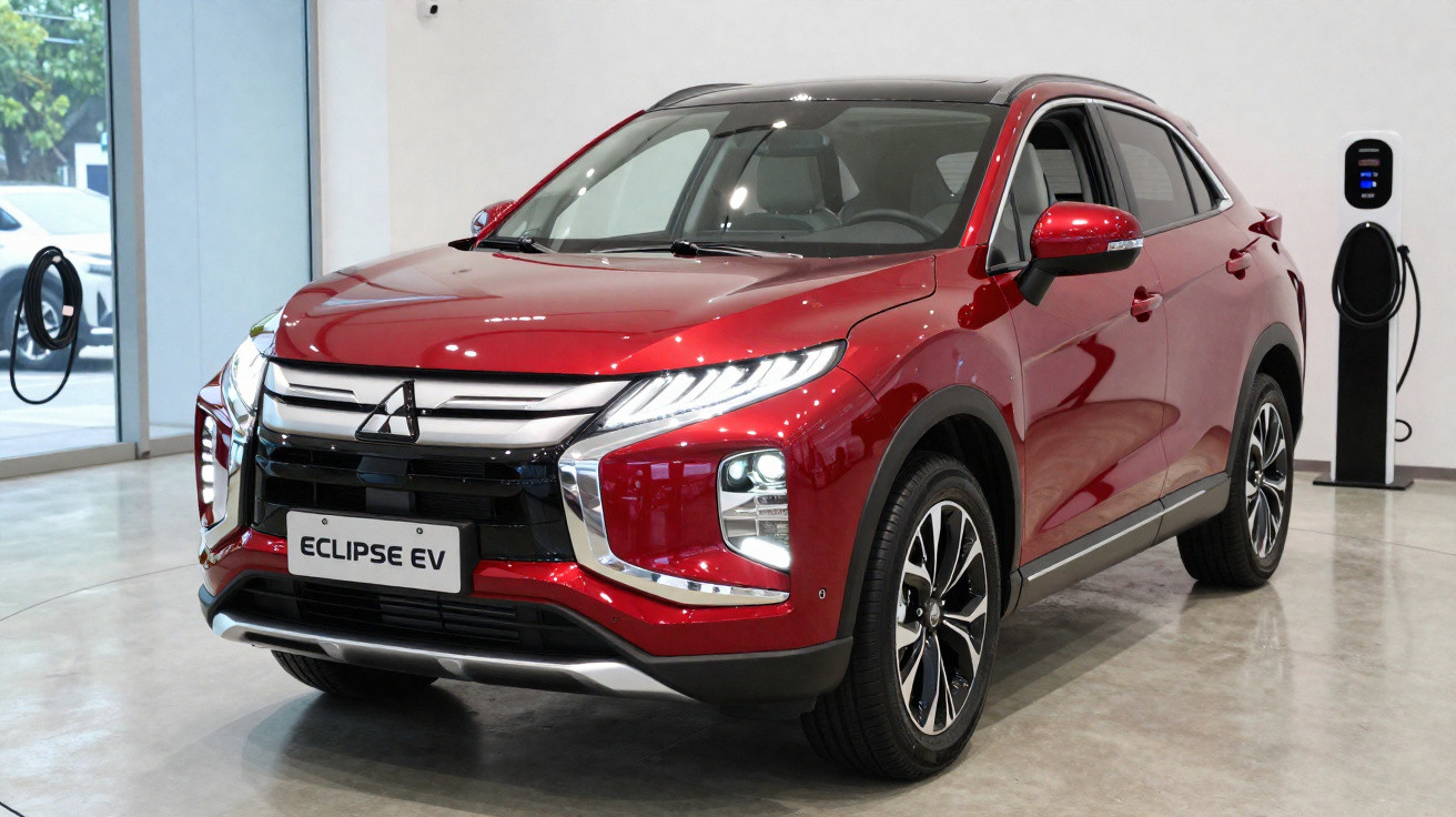 Red Mitsubishi Eclipse EV electric SUV parked indoors near a charging station on a polished concrete floor.