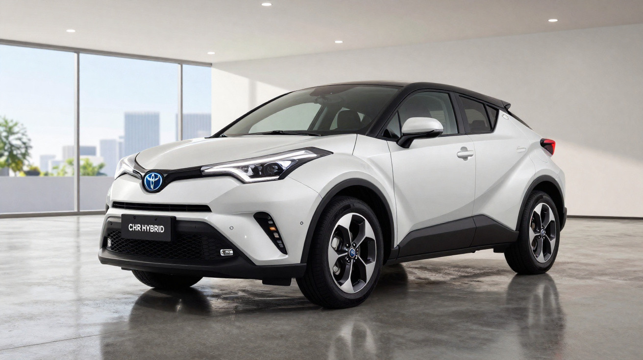White Toyota C-HR Hybrid compact SUV parked indoors with city skyline in the background.