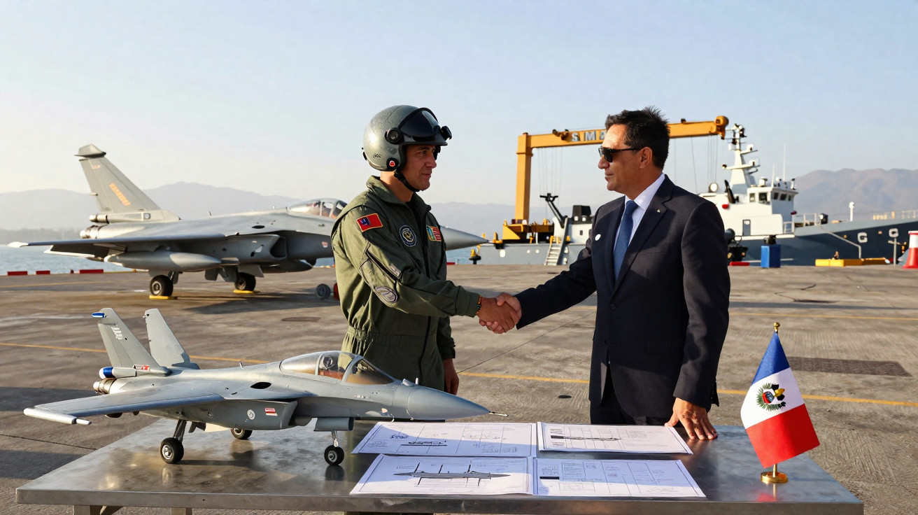 Military pilot and official shaking hands near model jet and aircraft on airfield with water vessel in background.