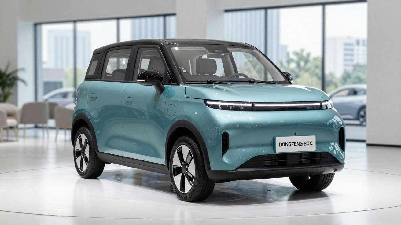 Teal Dongfeng Box compact electric SUV with black roof displayed indoors in a modern showroom.