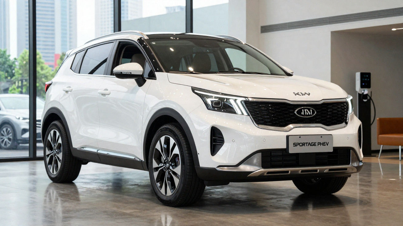 White Kia Sportage PHEV SUV displayed in a modern showroom with large glass windows and polished floor.