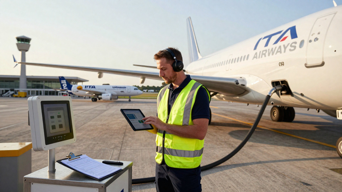 Airport worker in high-visibility vest using a tablet to refuel an ITA Airways plane on the tarmac.