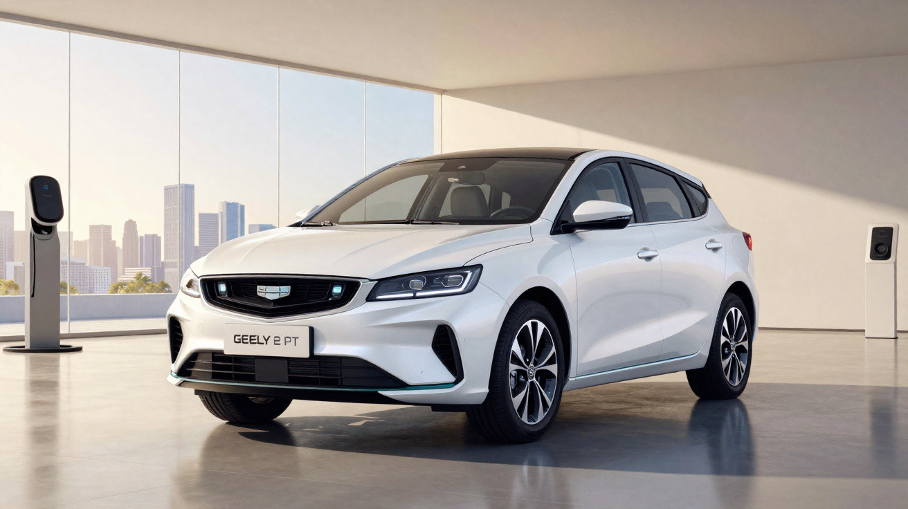 White Geely electric hatchback car parked indoors with city skyline visible through large windows.