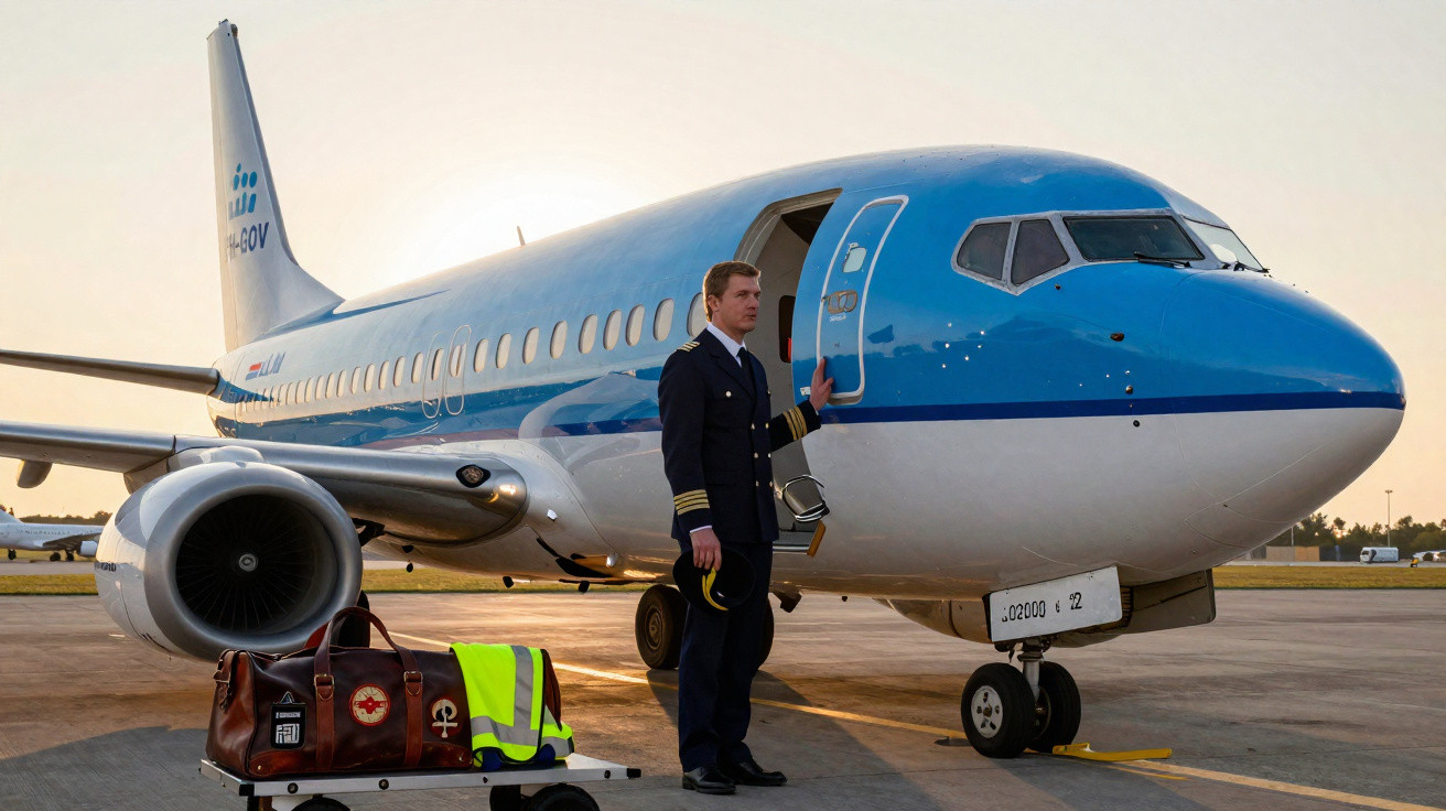 Pilot standing by the open door of a blue and white passenger plane on the tarmac at sunset.