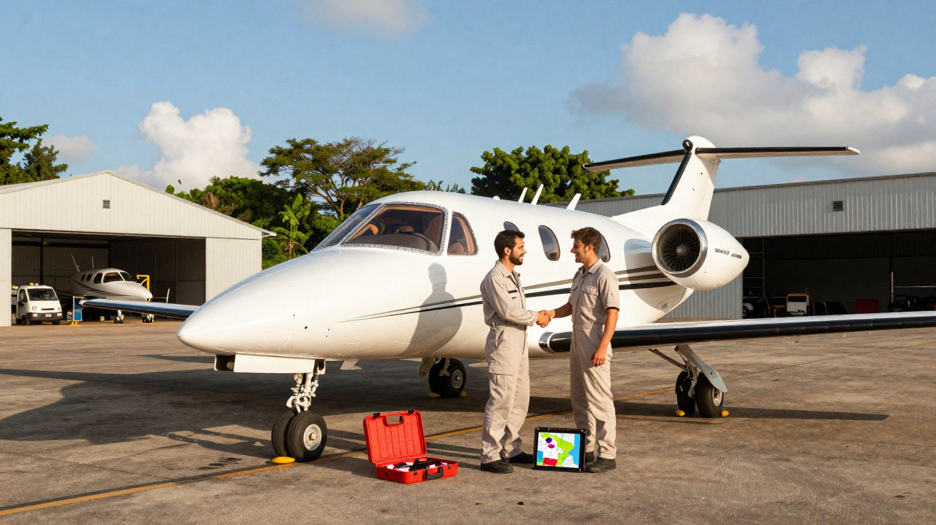 Two engineers shaking hands beside a white private jet on an airport tarmac with open toolcases nearby.