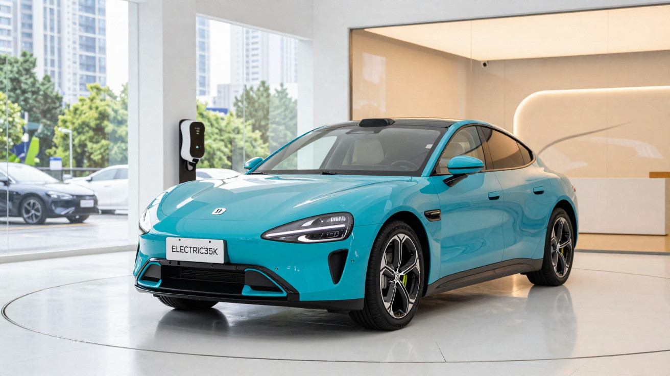 Blue electric sedan car displayed indoors beside a charging station with city buildings visible outside.