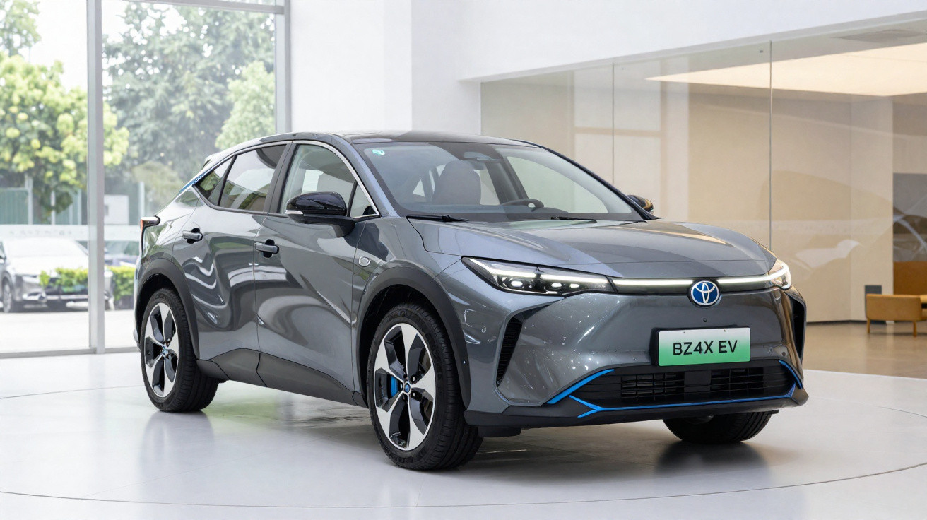 Grey Toyota BZ4X electric vehicle displayed in a modern showroom with large windows and natural light.