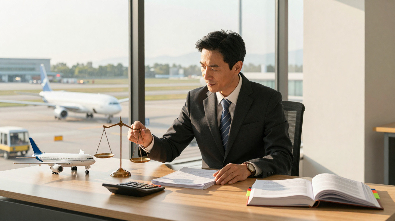 Businessman holding balance scale model at desk with airplane models in office by airport window.