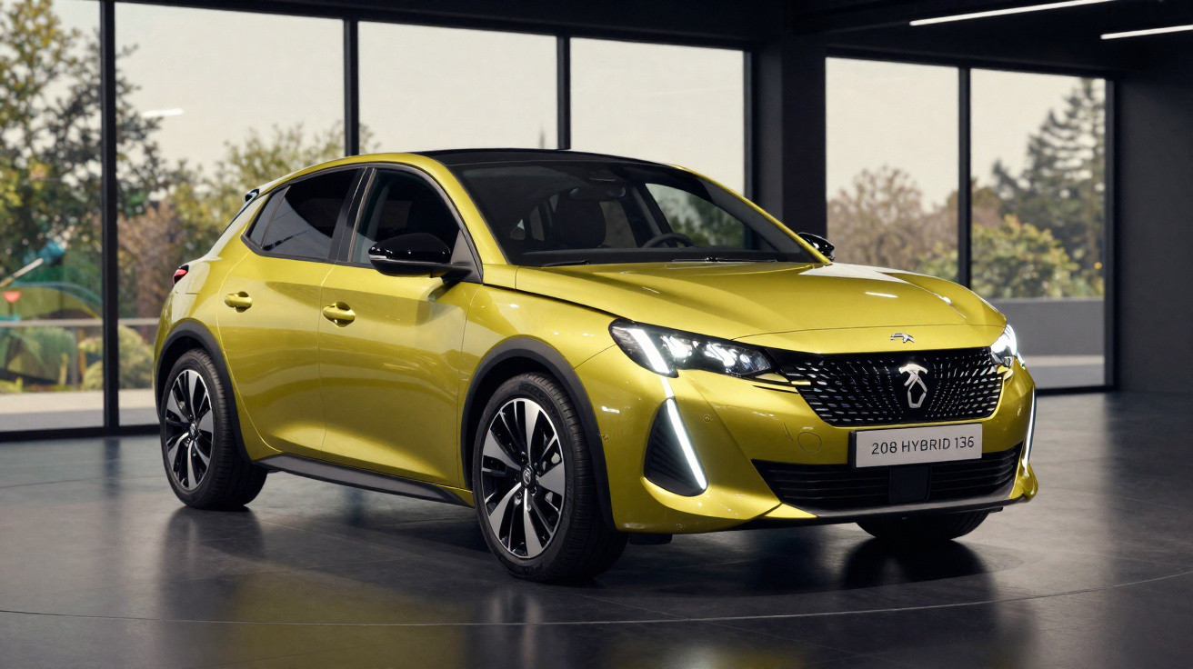Yellow Peugeot 208 Hybrid 136 hatchback parked indoors with large windows and greenery outside.