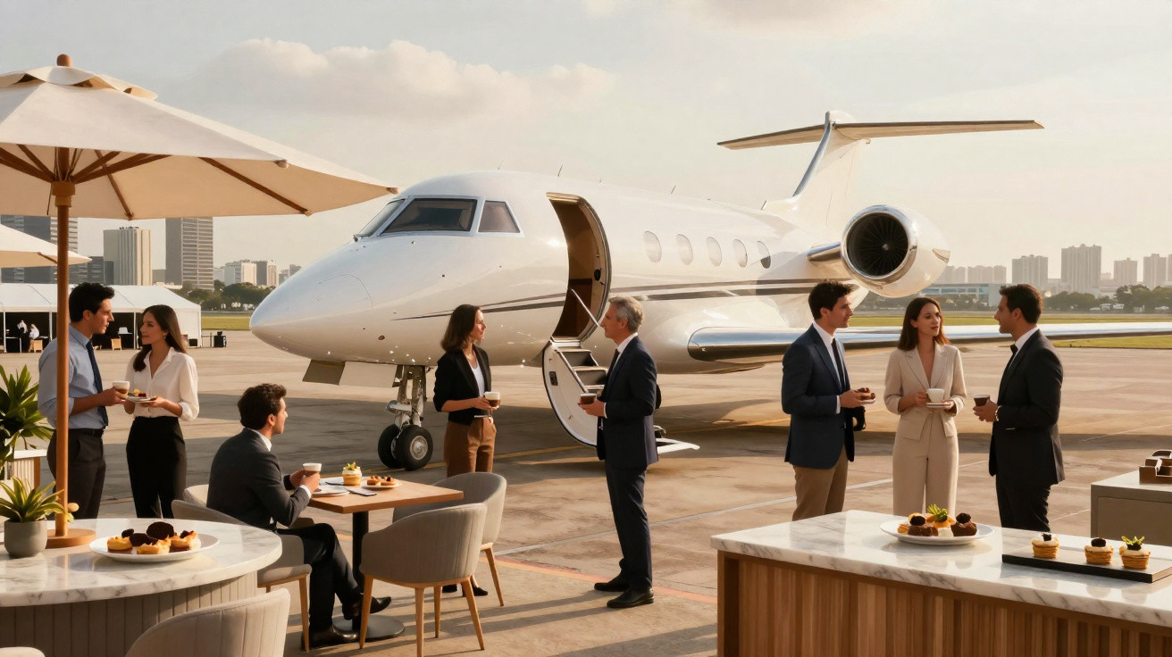 Business professionals socialising by a private jet on an airport tarmac with refreshments and city skyline backdrop.