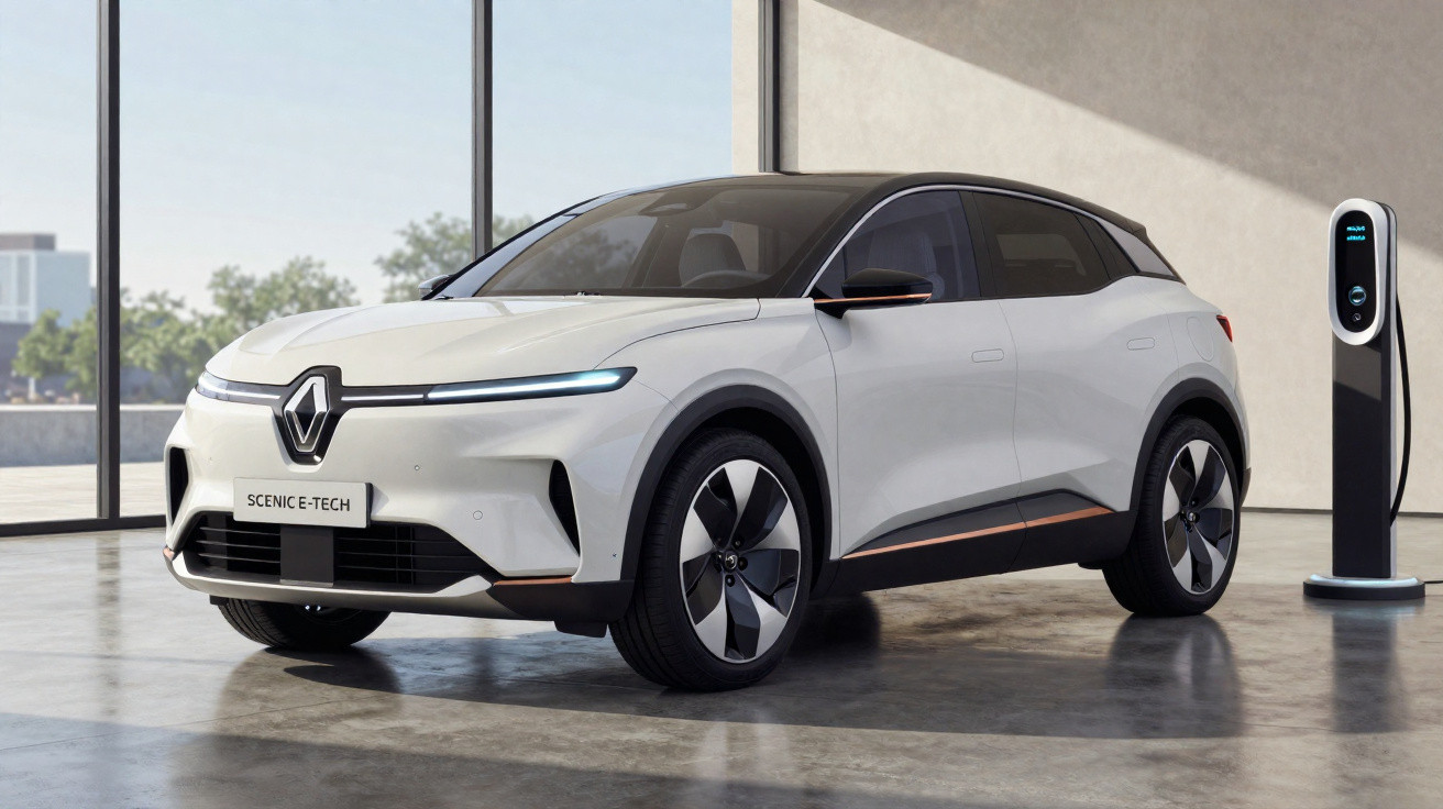White Renault Scenic E-Tech electric SUV parked indoors next to a charging station with sunlight through large windows.