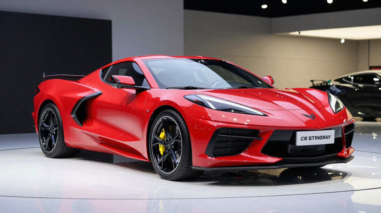 Red Chevrolet C8 Stingray sports car displayed indoors on a white floor with black and beige walls.