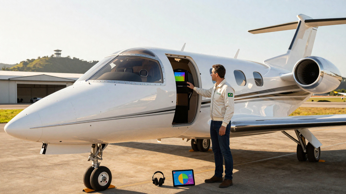 Man in jacket standing by small private jet with open door, using a tablet on the ground nearby.
