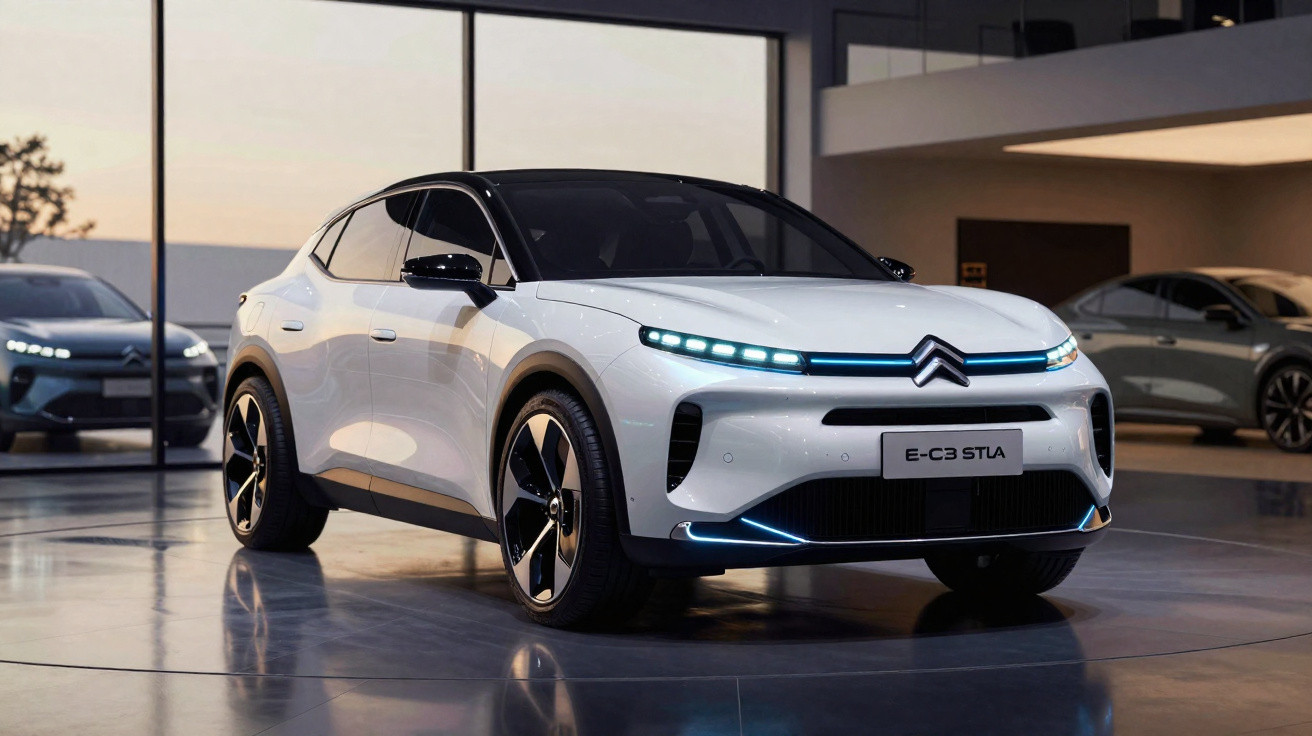 White Citroën E-C3 STLA electric SUV with sleek headlights displayed in a modern showroom.