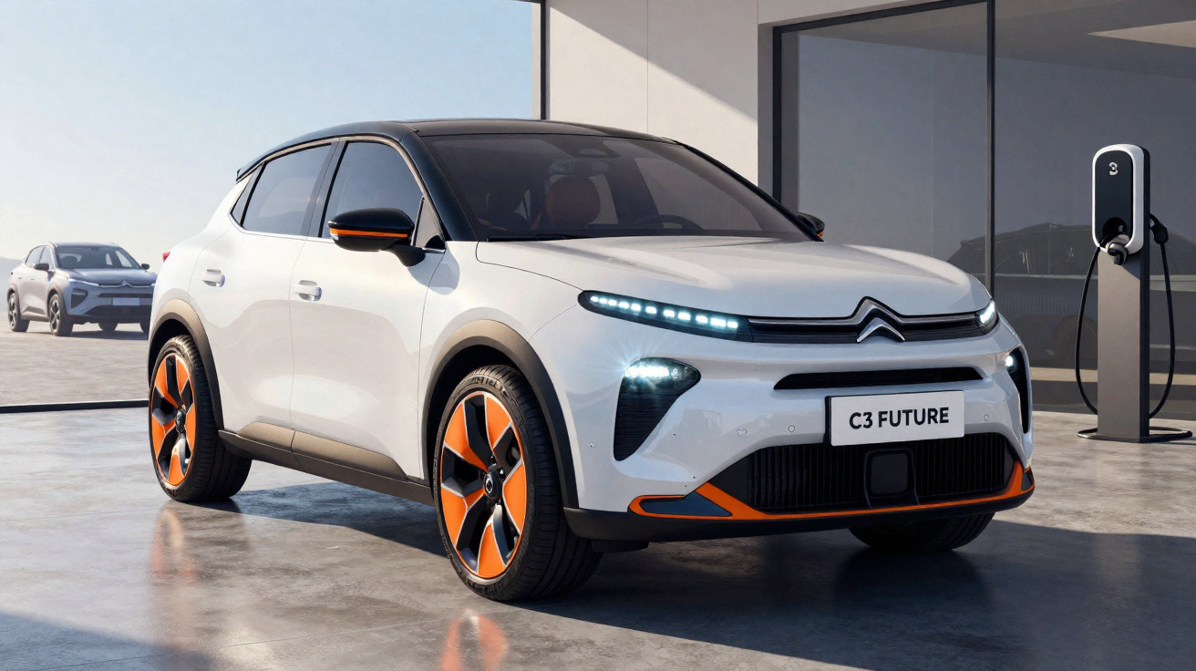 White Citroën C3 Future electric car with orange accents parked indoors near a charging station.