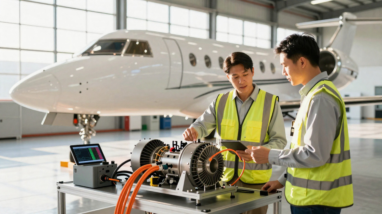 Two aerospace engineers in high-visibility vests working on electric engine testing with private jet in background inside han
