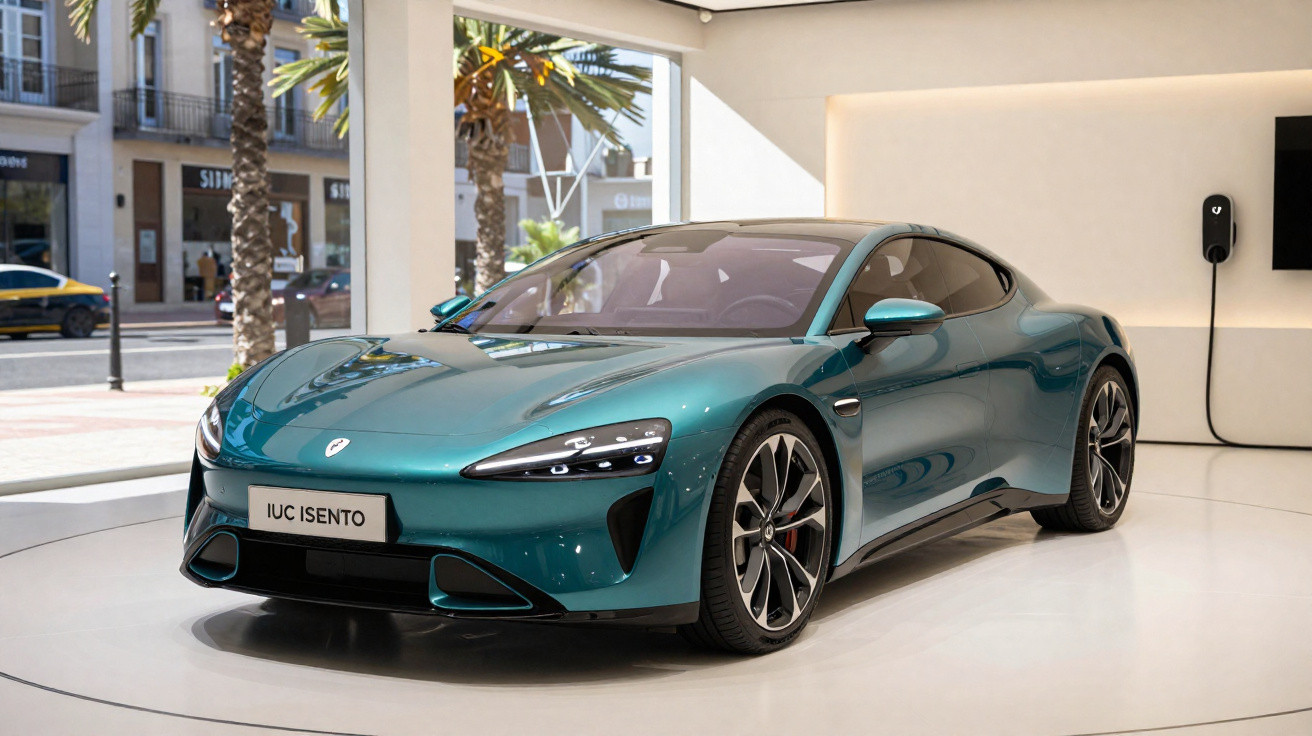 Sleek teal IUC Isento electric sports car displayed in a bright showroom with large windows and palm trees outside.