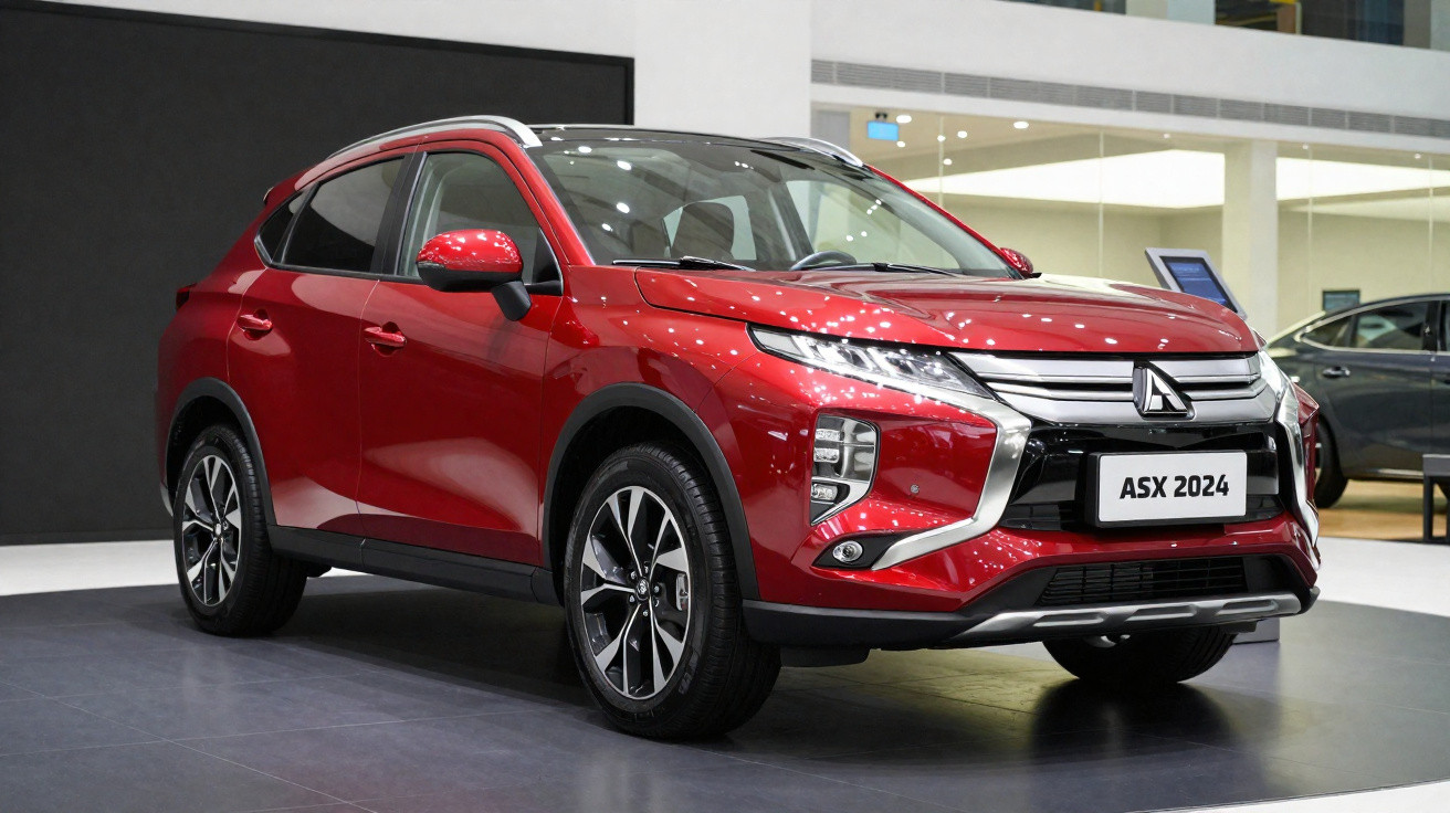 Red 2024 Mitsubishi ASX compact SUV displayed indoors on a showroom floor.
