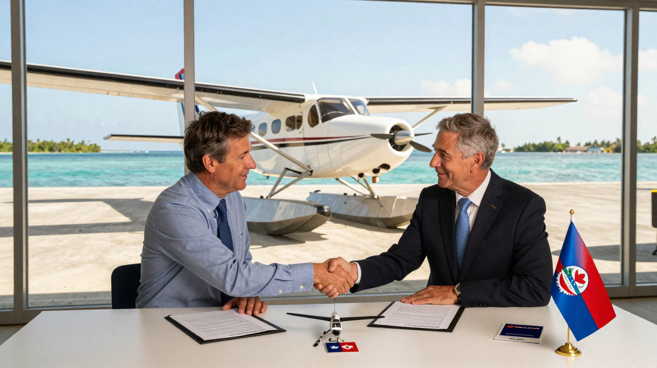 Two men shaking hands over a table with a seaplane and ocean visible through glass behind them.