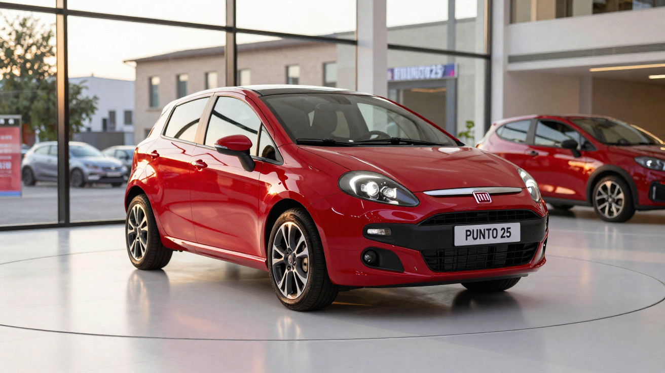 Red Fiat Punto 25 hatchback displayed in a bright indoor showroom with large glass windows.