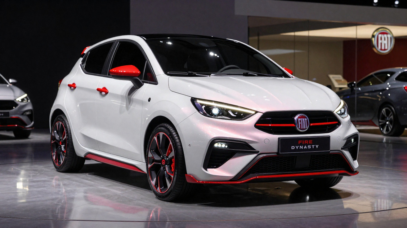 White Fiat Fire Dynasty hatchback with red accents displayed in a showroom under bright lights.