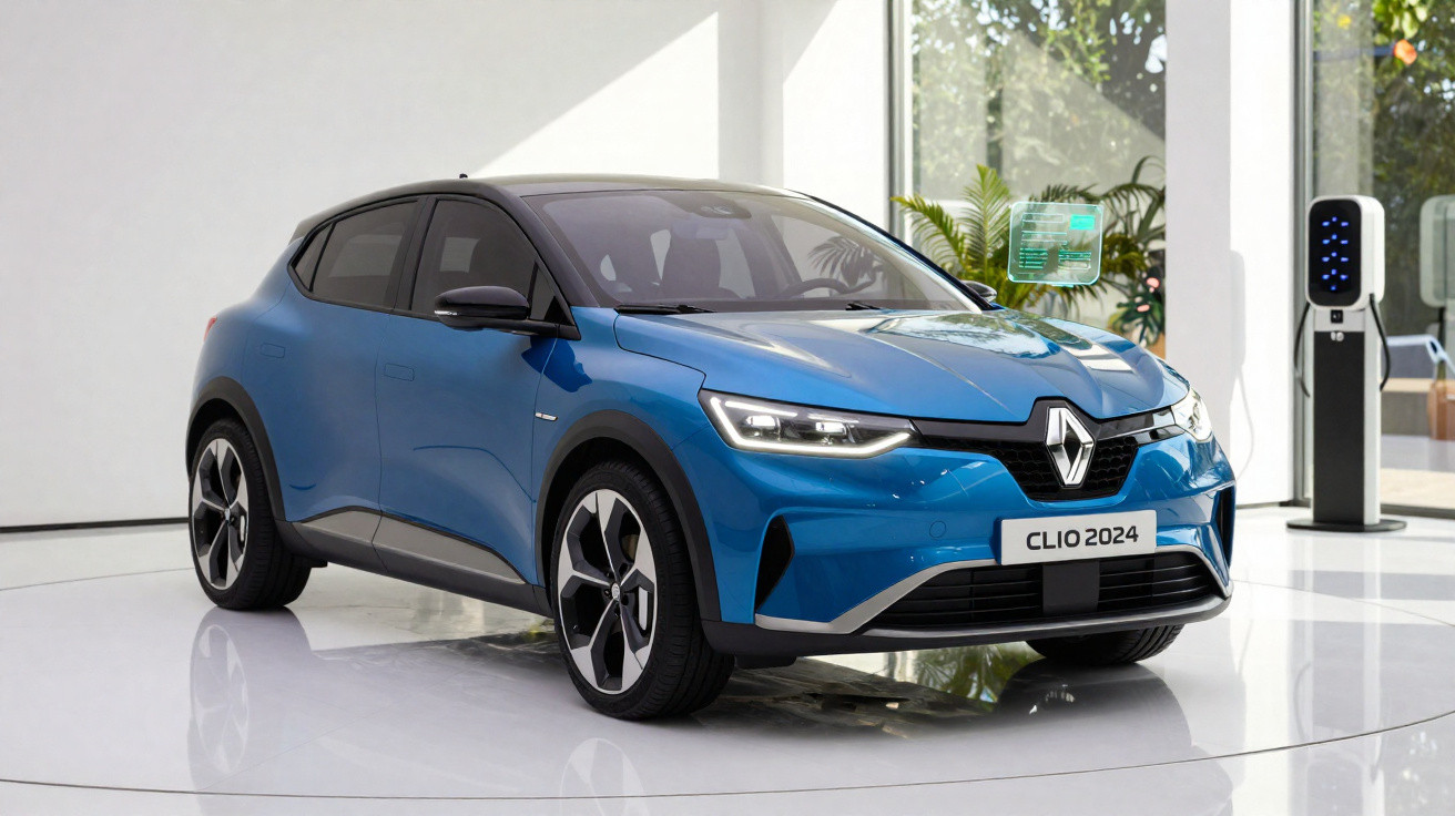 Blue Renault Clio 2024 electric car on display indoors with charging station and digital interface nearby.