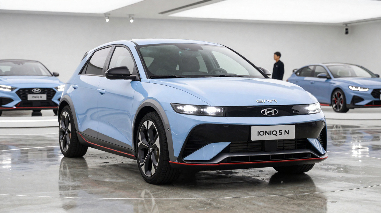 Light blue Hyundai IONIQ 5 N electric car displayed in a bright showroom with other cars in the background.