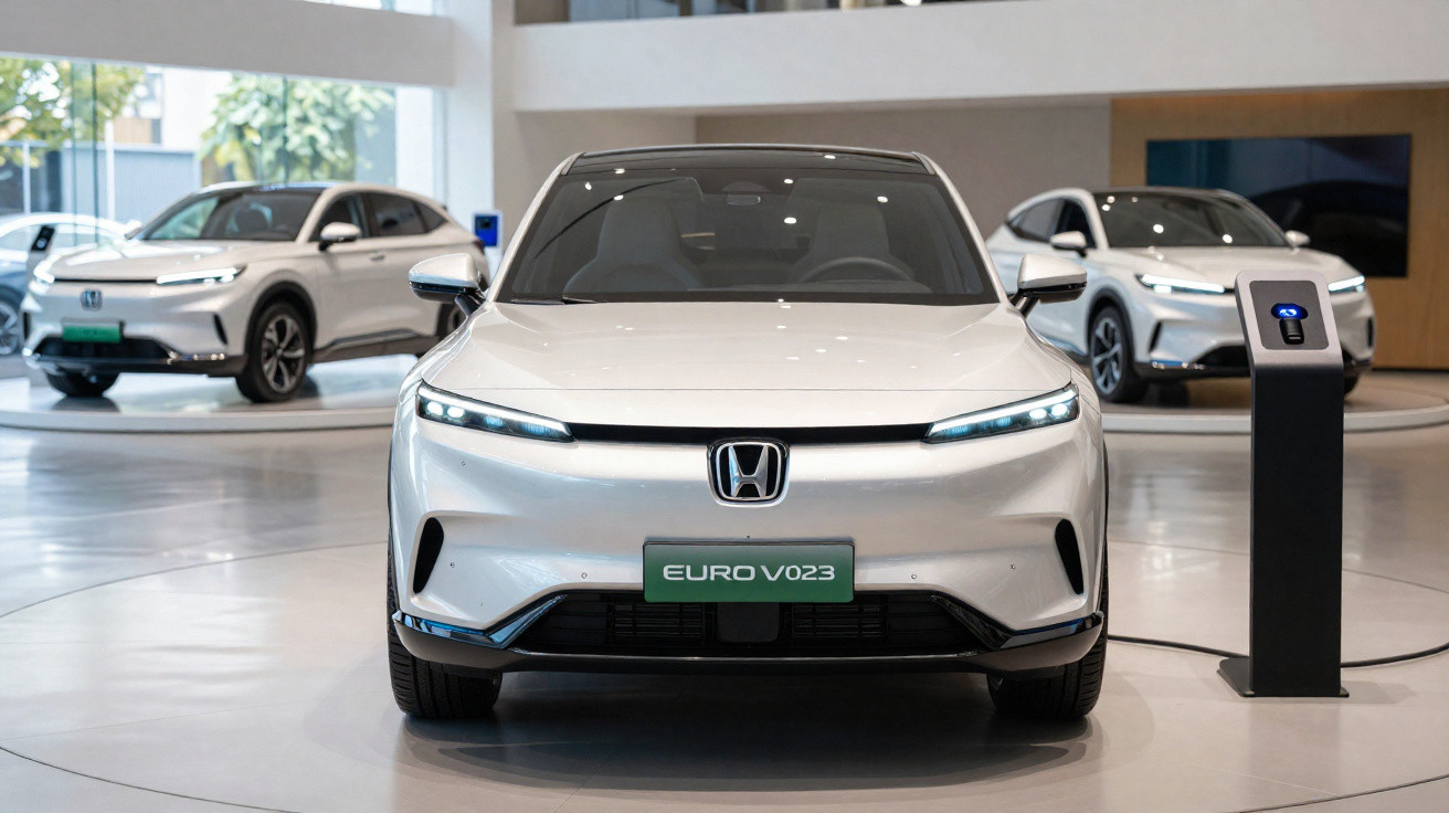 Front view of a white Honda electric car charging in a modern showroom with two other electric cars in the background.