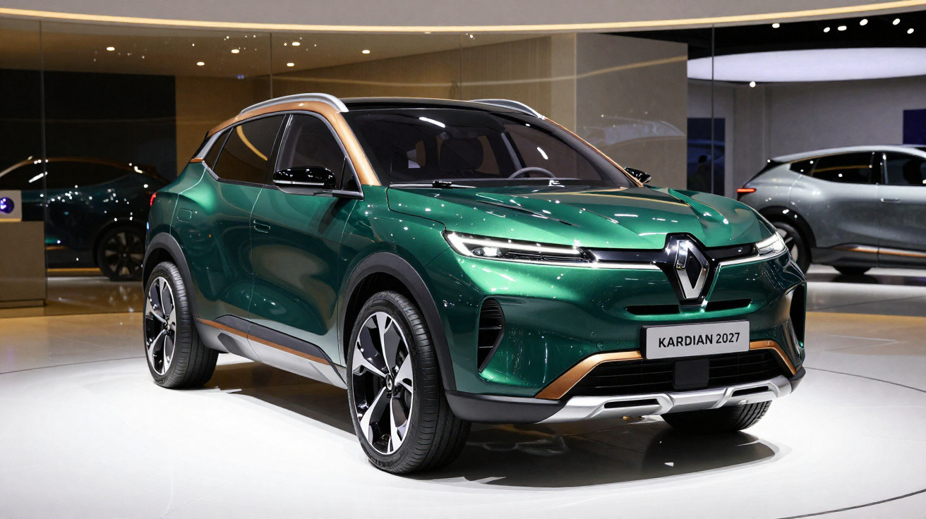 Green Renault Kardian 2027 concept SUV with sleek headlights displayed in a showroom.