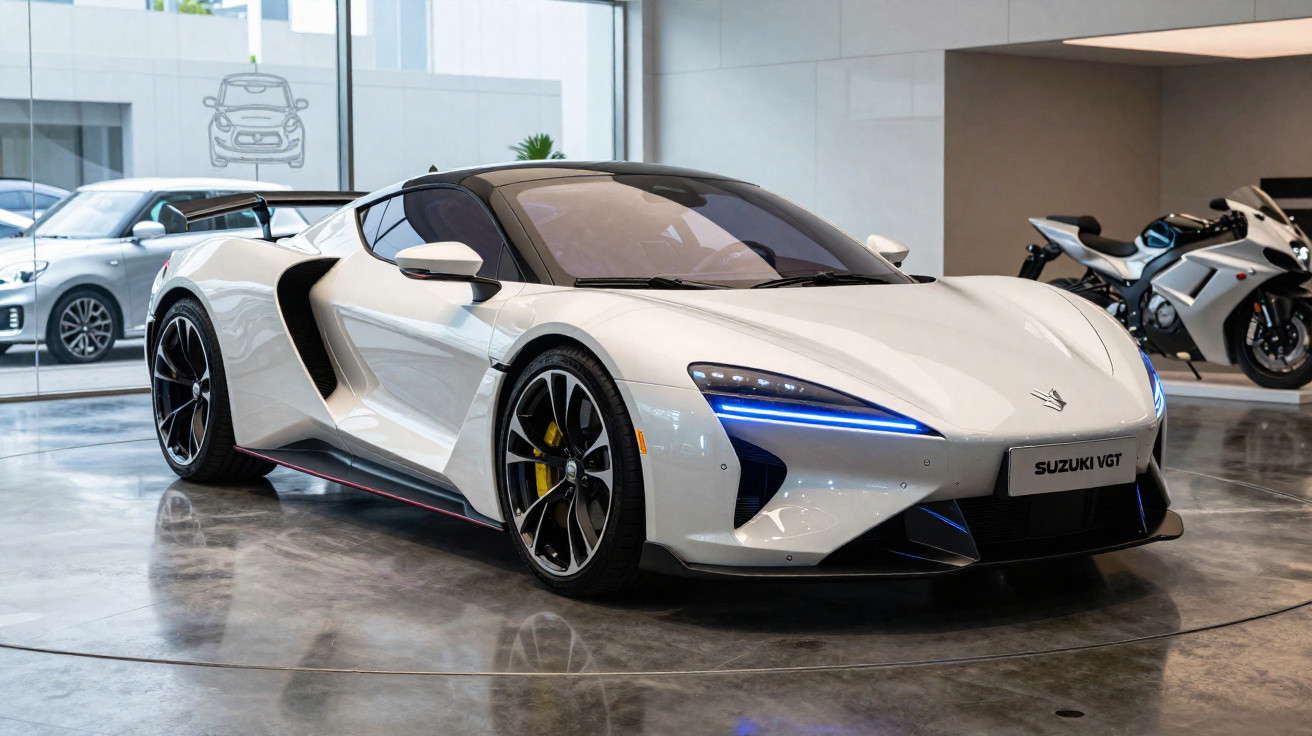White Suzuki VGT sports car with blue LED headlights displayed indoors beside motorcycles.