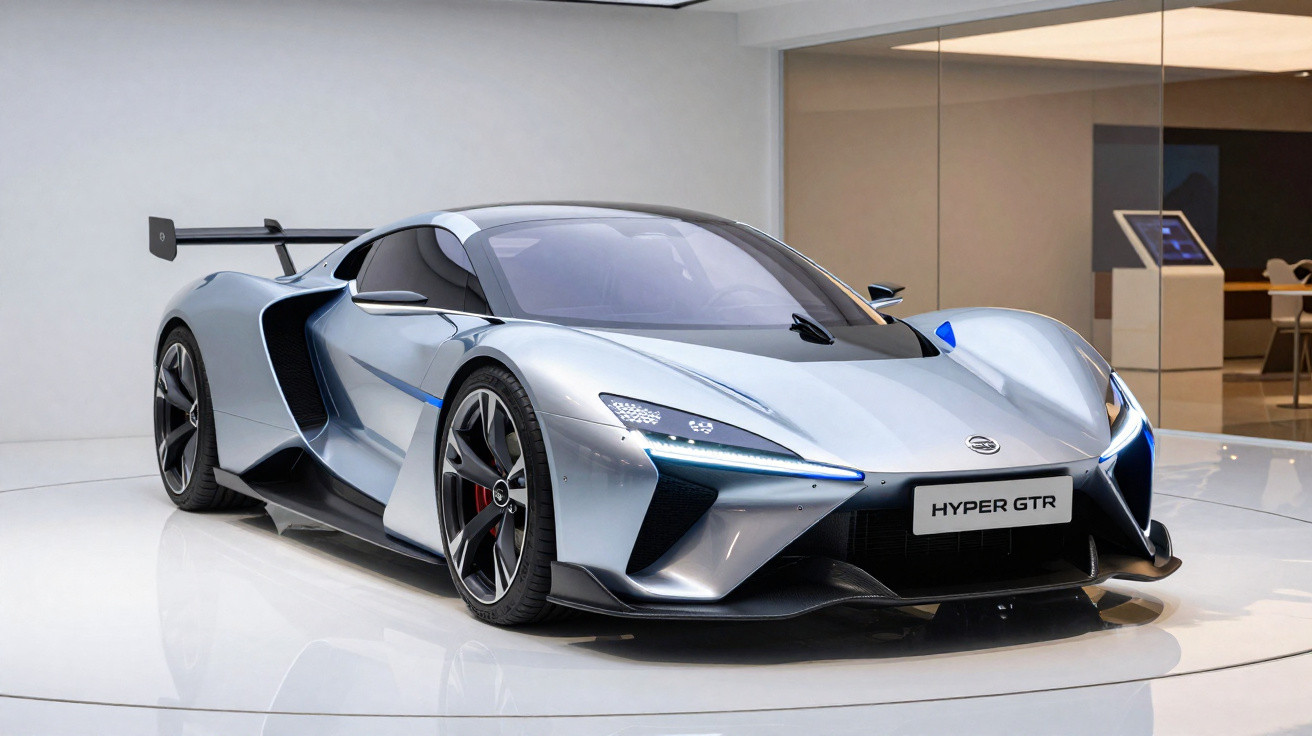Silver Lotus Hyper GTR sports car showcased in a modern, white, indoor exhibition space.
