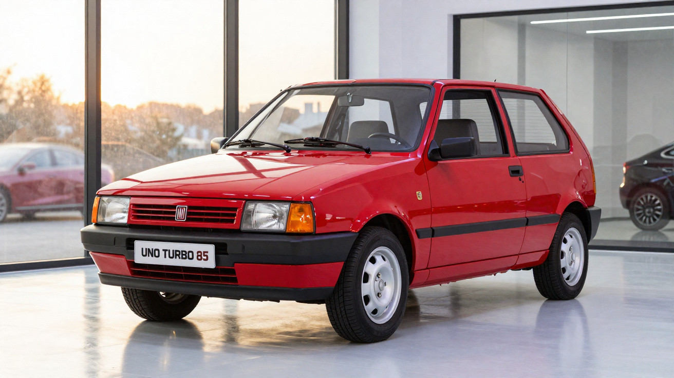 Red Fiat Uno Turbo 85 hatchback car displayed indoors with large windows and reflections on the floor.