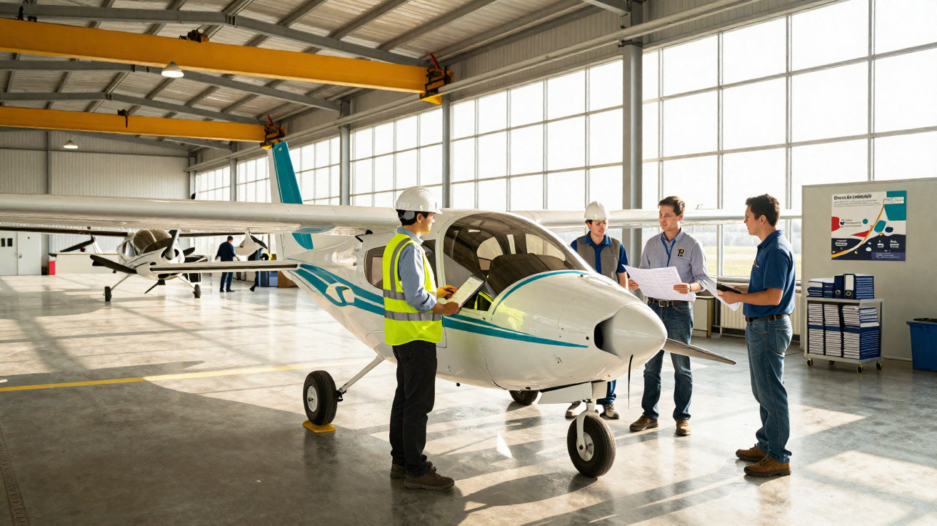 Four men in hard hats and work clothing inspecting a small white and blue airplane inside a spacious hangar.