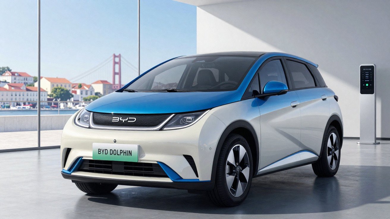 Blue and white BYD Dolphin electric car parked indoors beside a charging station with city view outside.