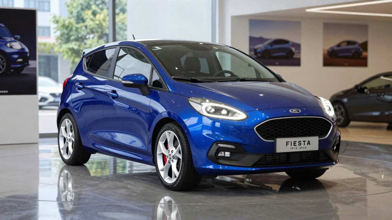 Blue Ford Fiesta hatchback displayed indoors with headlights on and modern showroom background.