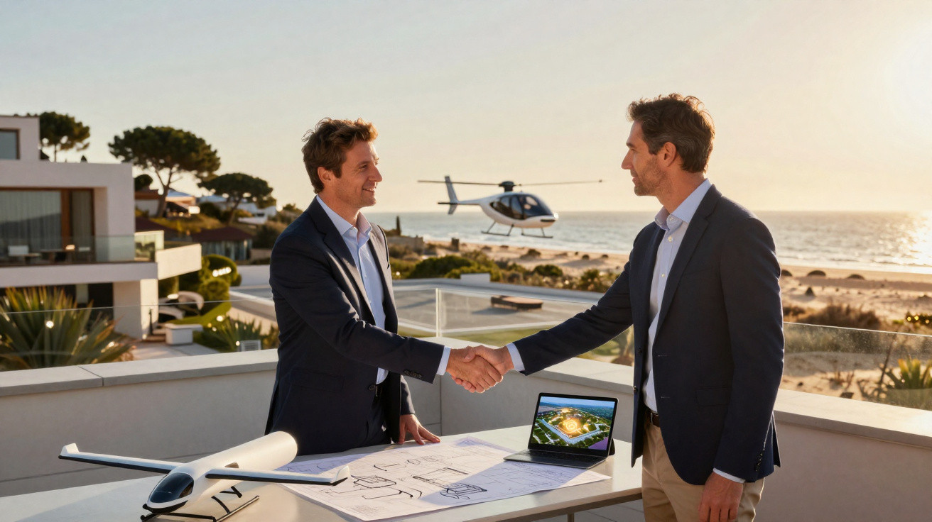 Two men in suits shaking hands on a balcony with a drone model, blueprints, laptop, and helicopter in background.