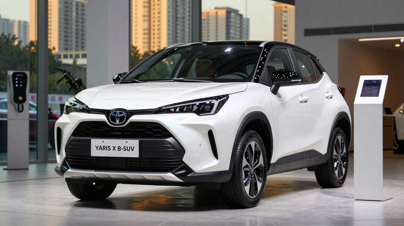 White Toyota Yaris X B-SUV displayed indoors with city buildings in the background.