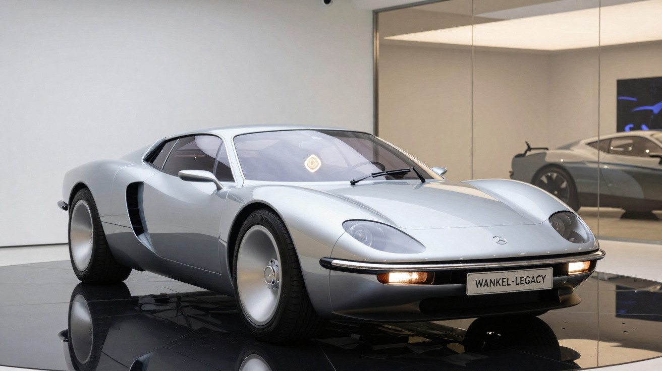 Silver Wankel-Legacy sports car on display with sleek aerodynamic design in modern showroom.