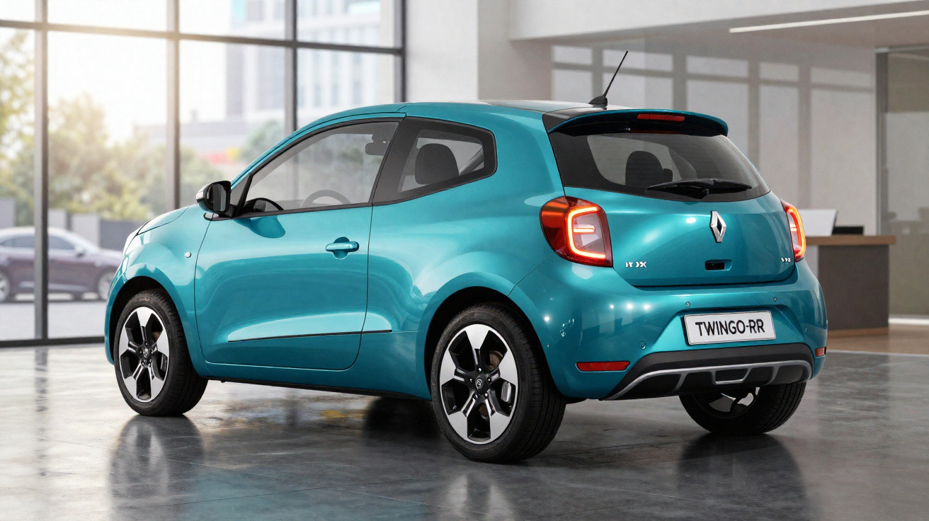 Teal Renault Twingo small hatchback car parked indoors, viewed from rear left side.