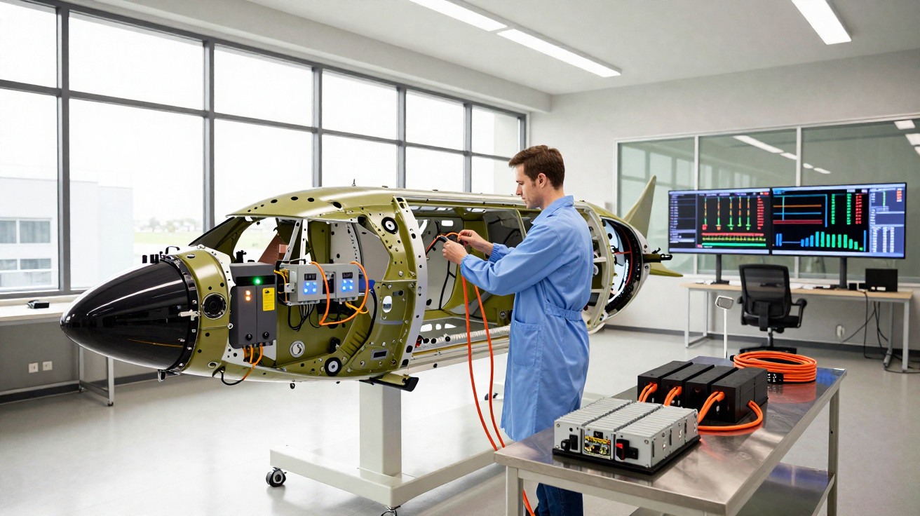 Engineer in blue coveralls working on wiring inside aircraft fuselage frame in modern laboratory.