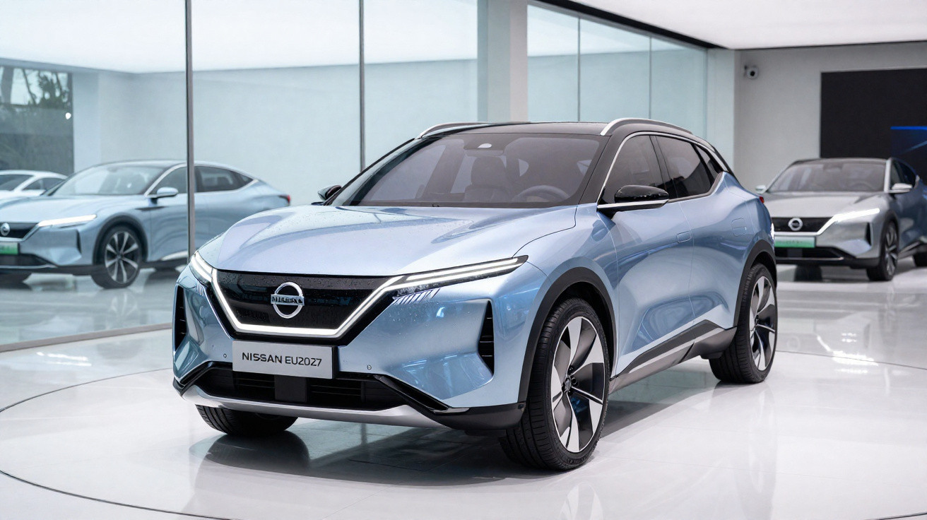 Light blue Nissan EU 2027 electric SUV displayed in a modern showroom with reflective glass walls.