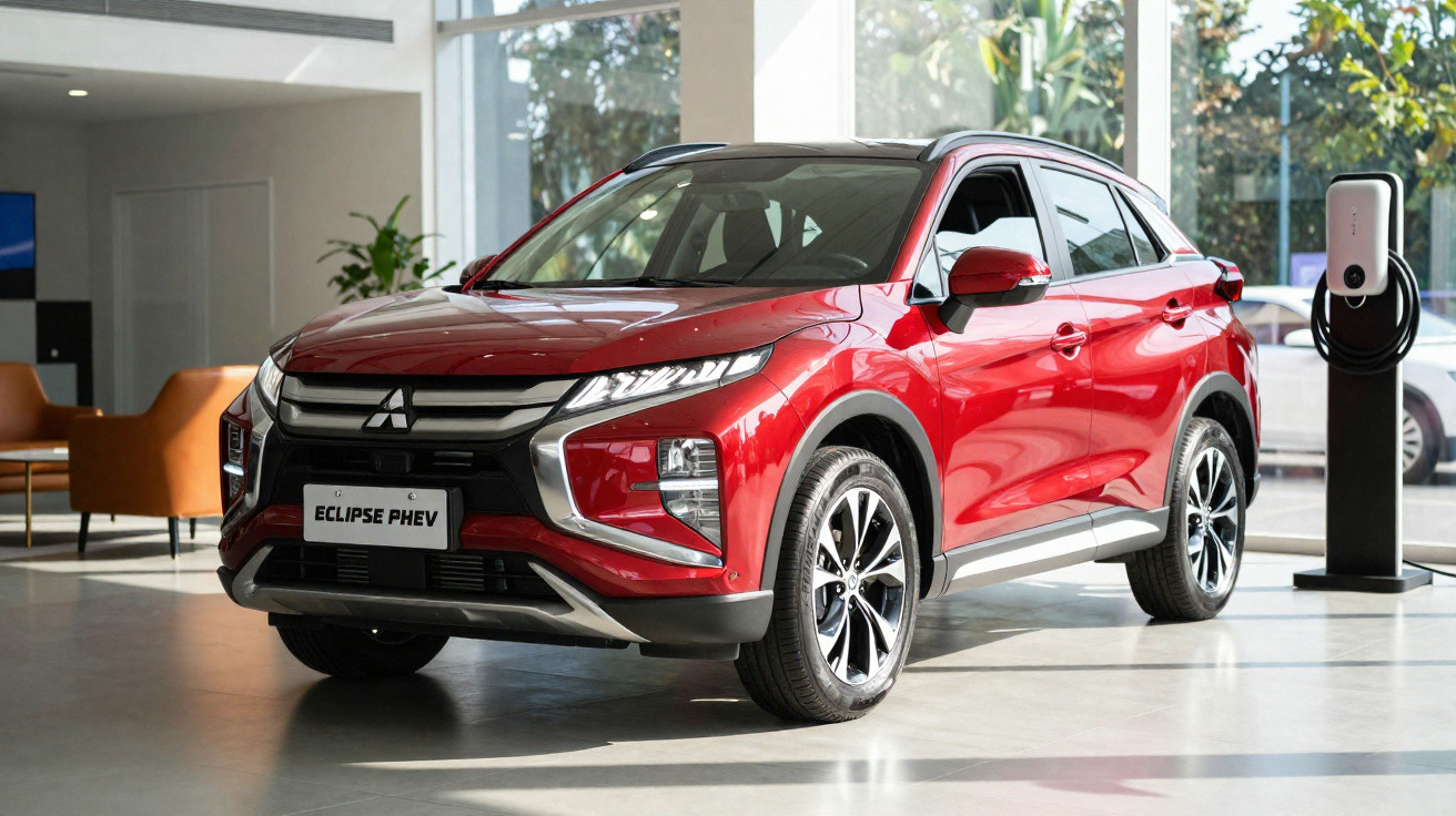 Red Mitsubishi Eclipse PHEV SUV showcased indoors near an electric vehicle charging station.