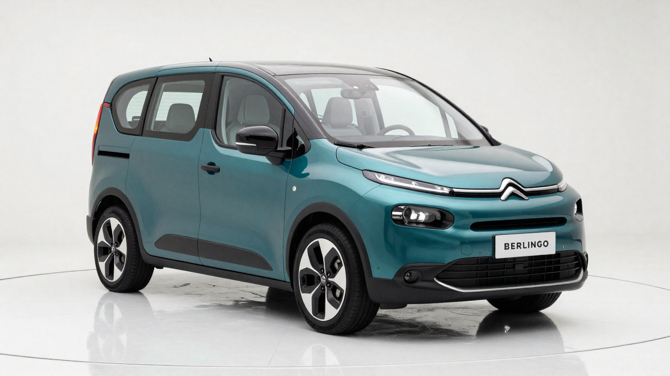 Teal Citroën Berlingo MPV with black detailing on a white studio background, front three-quarter view.