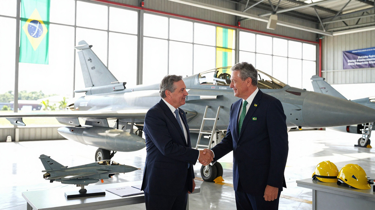 Two men in suits shaking hands inside an aircraft hangar with a fighter jet and model plane nearby.