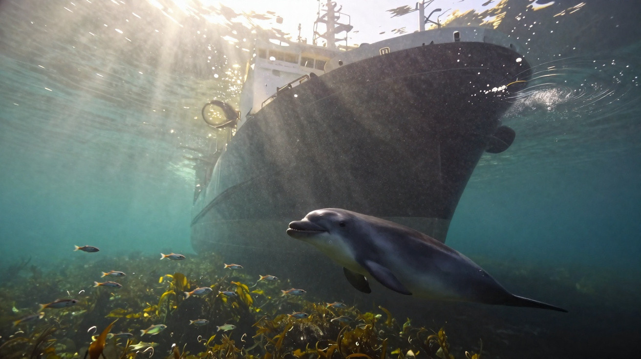 Underwater view of a dolphin swimming near a large research vessel with sun rays penetrating the water.